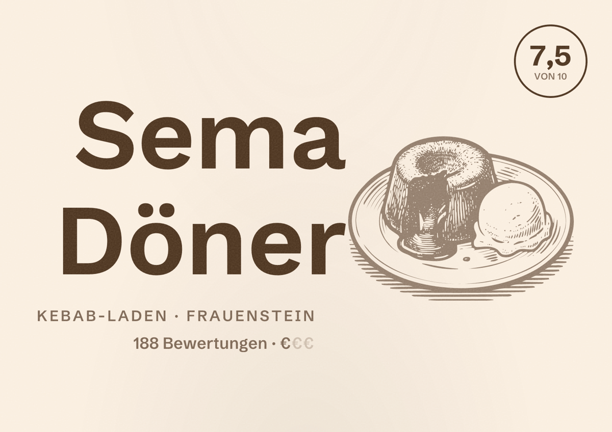 Illustriertes Poster von Sema Döner, Kebab-Laden in Frauenstein: Bewertung 7,5 von 10 aus 188 Bewertungen, Preisniveau €