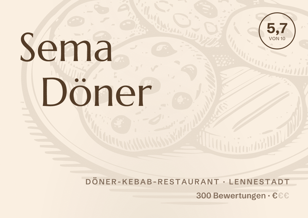 Illustriertes Poster von Sema Döner, Döner-Kebab-Restaurant in Lennestadt: Bewertung 5,7 von 10 aus 300 Bewertungen, Preisniveau €