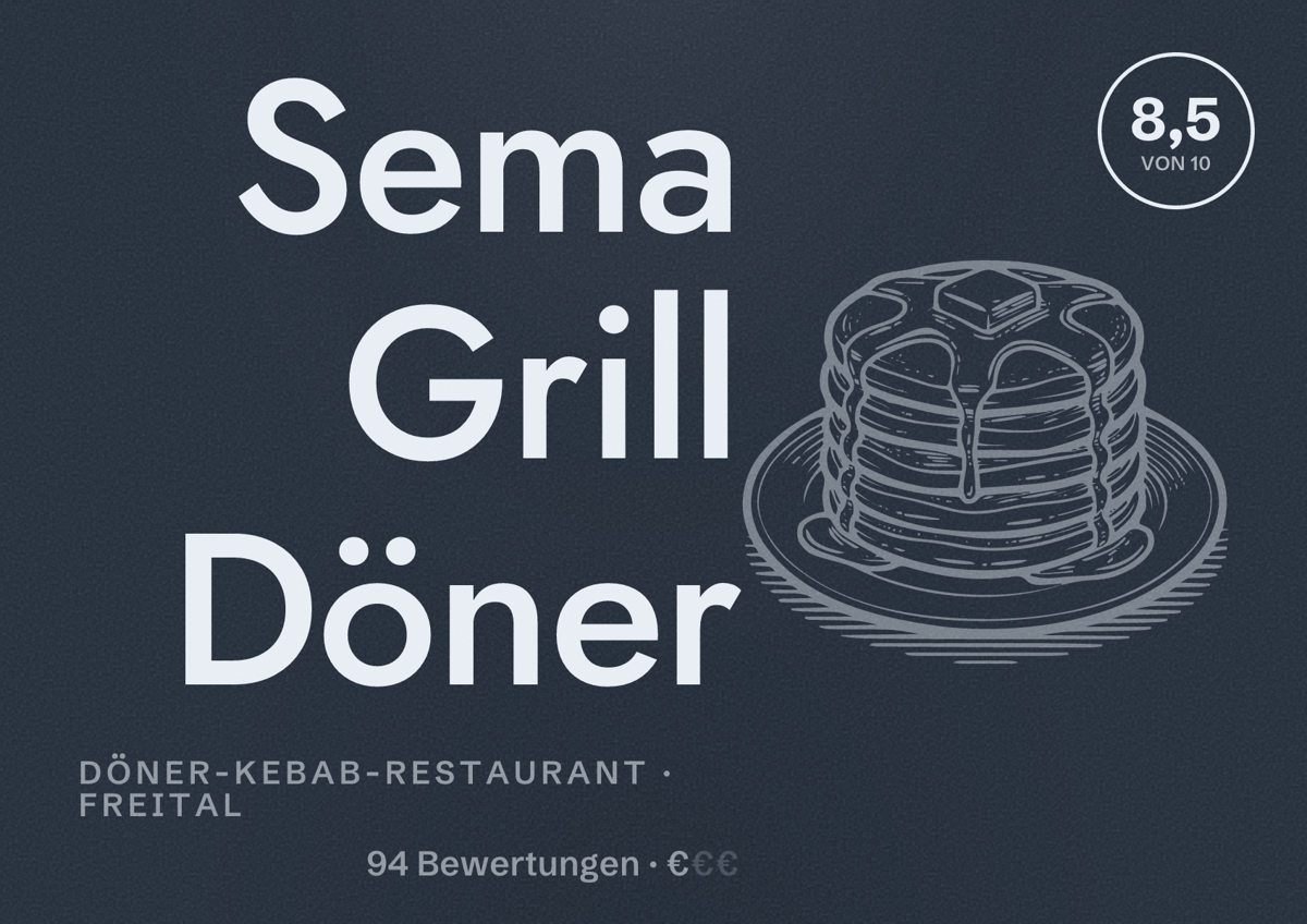 Illustriertes Poster von Sema Grill Döner, Döner-Kebab-Restaurant in Freital: Bewertung 8,5 von 10 aus 94 Bewertungen, Preisniveau €