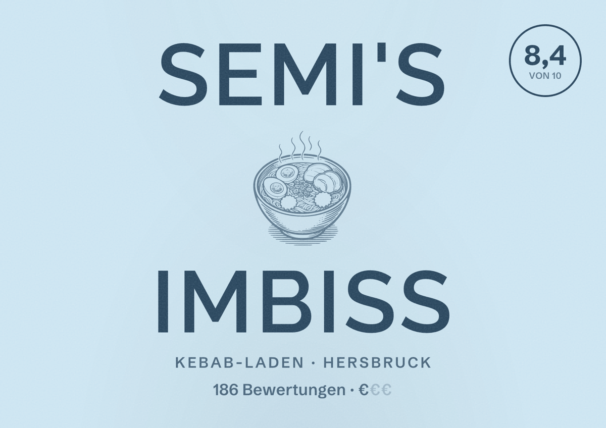 Illustriertes Poster von Semi's Imbiss, Kebab-Laden in Hersbruck: Bewertung 8,4 von 10 aus 186 Bewertungen, Preisniveau €