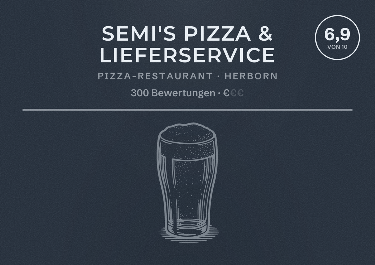 Illustriertes Poster von Semi's Pizza & Lieferservice, Pizza-Restaurant in Herborn: Bewertung 6,9 von 10 aus 300 Bewertungen, Preisniveau €