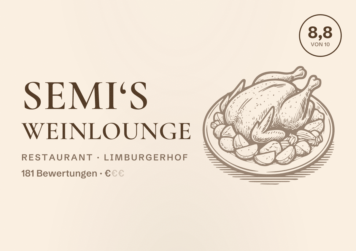 Illustriertes Poster von Semi‘s Weinlounge, Restaurant in Limburgerhof: Bewertung 8,8 von 10 aus 181 Bewertungen, Preisniveau €