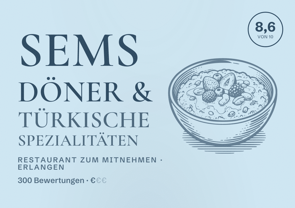 Illustriertes Poster von Sems Döner & türkische Spezialitäten, Restaurant zum Mitnehmen in Erlangen: Bewertung 8,6 von 10 aus 300 Bewertungen, Preisniveau €