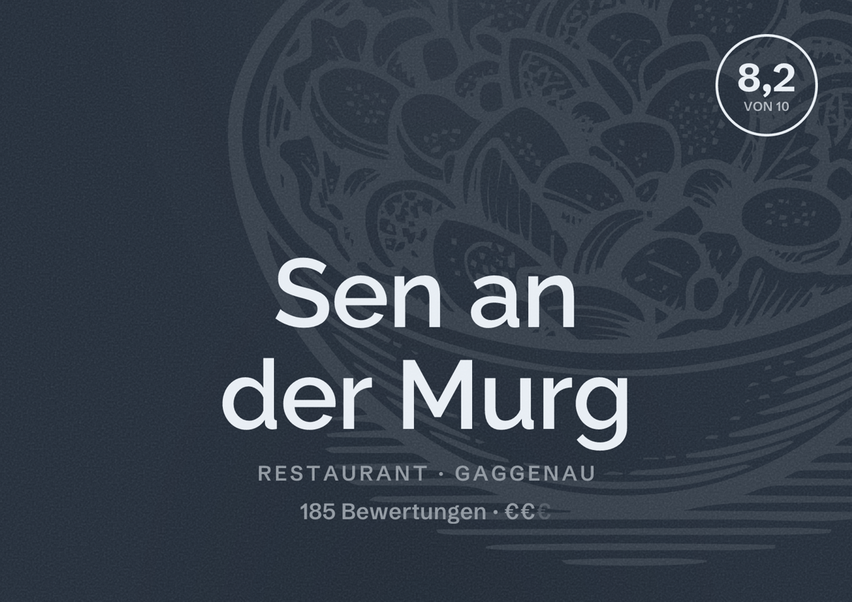 Illustriertes Poster von Sen an der Murg, Restaurant in Gaggenau: Bewertung 8,2 von 10 aus 185 Bewertungen, Preisniveau €€