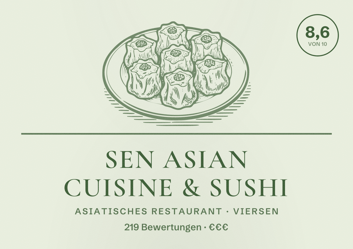Illustriertes Poster von SEN Asian Cuisine & Sushi, Asiatisches Restaurant in Viersen: Bewertung 8,6 von 10 aus 219 Bewertungen, Preisniveau €€€