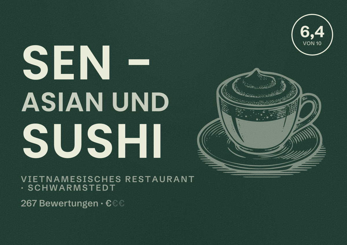 Illustriertes Poster von Sen - Asian und sushi, Vietnamesisches Restaurant in Schwarmstedt: Bewertung 6,4 von 10 aus 267 Bewertungen, Preisniveau €