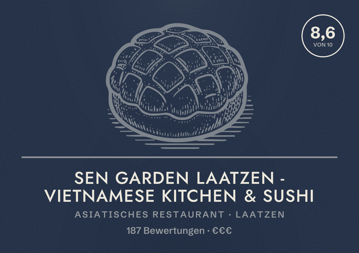 Illustriertes Poster von Sen Garden Laatzen - Vietnamese Kitchen & Sushi, Asiatisches Restaurant in Laatzen: Bewertung 8,6 von 10 aus 187 Bewertungen, Preisniveau €€€
