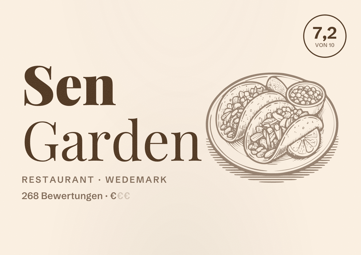 Illustriertes Poster von Sen Garden, Restaurant in Wedemark: Bewertung 7,2 von 10 aus 268 Bewertungen, Preisniveau €