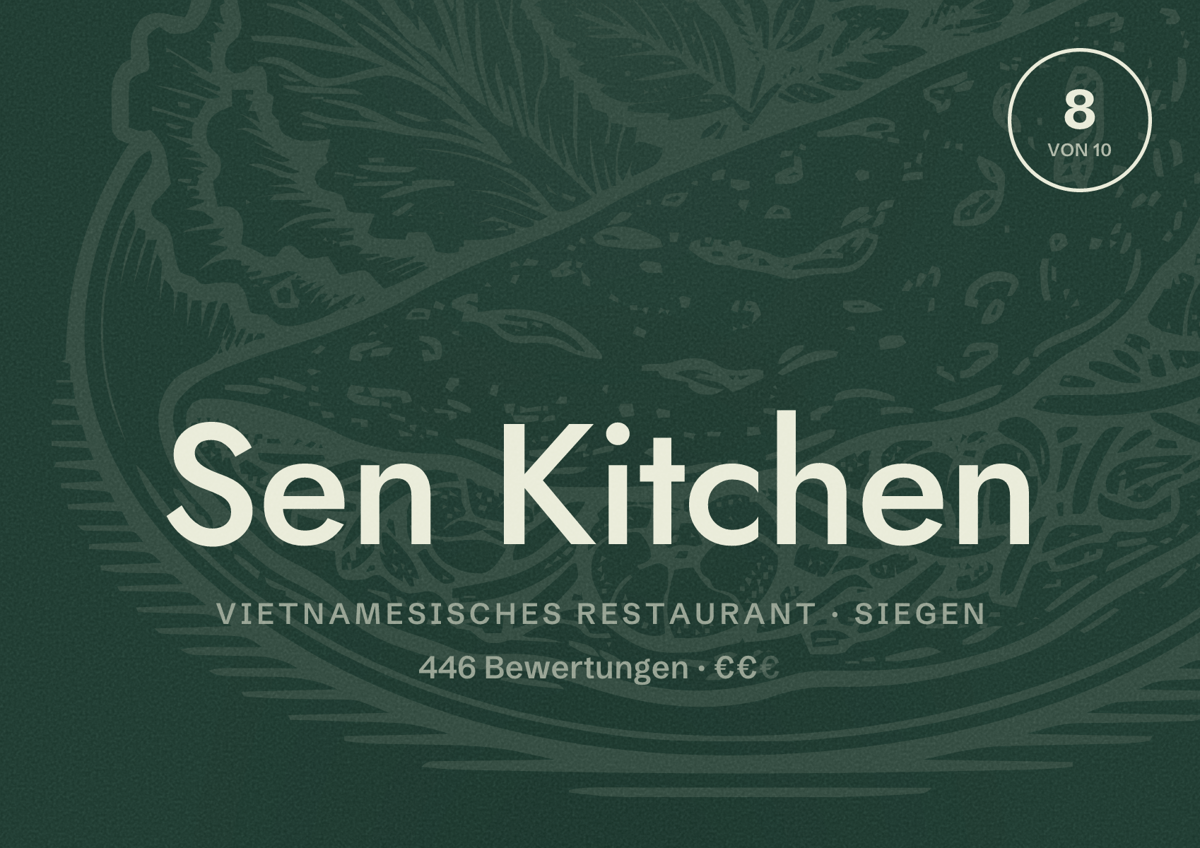 Illustriertes Poster von Sen Kitchen, Vietnamesisches Restaurant in Siegen: Bewertung 8 von 10 aus 446 Bewertungen, Preisniveau €€