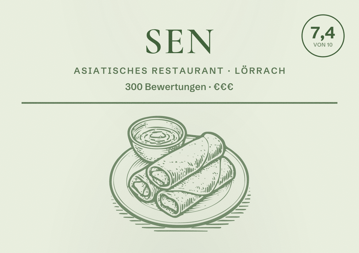 Illustriertes Poster von Sen, Asiatisches Restaurant in Lörrach: Bewertung 7,4 von 10 aus 300 Bewertungen, Preisniveau €€€