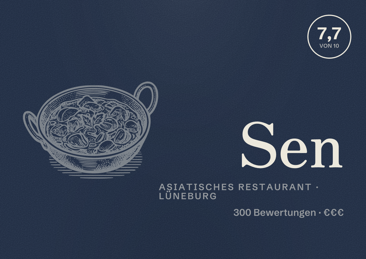 Illustriertes Poster von Sen, Asiatisches Restaurant in Lüneburg: Bewertung 7,7 von 10 aus 300 Bewertungen, Preisniveau €€€