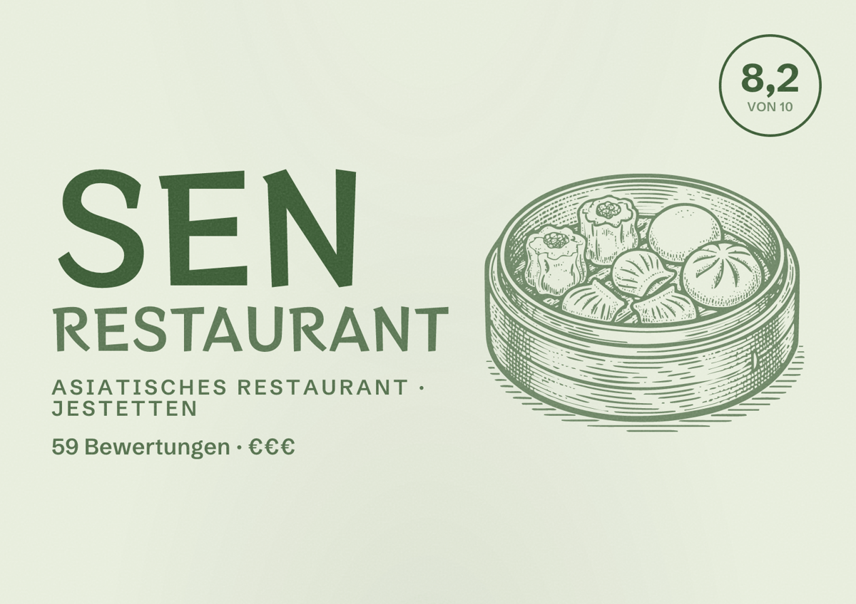 Illustriertes Poster von Sen Restaurant, Asiatisches Restaurant in Jestetten: Bewertung 8,2 von 10 aus 59 Bewertungen, Preisniveau €€€
