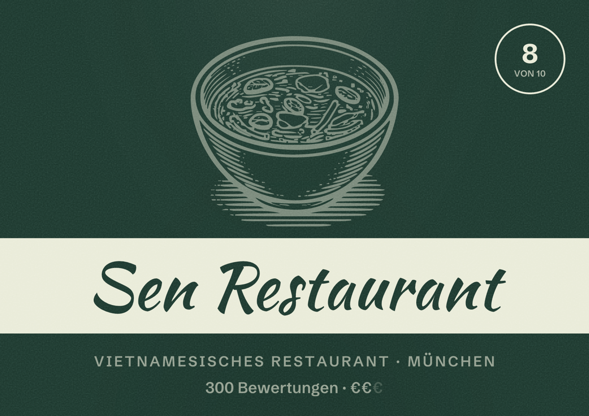 Illustriertes Poster von Sen Restaurant, Vietnamesisches Restaurant in München: Bewertung 8,0 von 10 aus 300 Bewertungen, Preisniveau €€