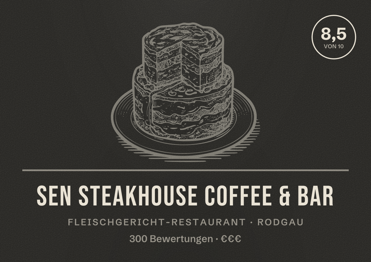 Illustriertes Poster von Sen Steakhouse Coffee & Bar, Fleischgericht-Restaurant in Rodgau: Bewertung 8,5 von 10 aus 300 Bewertungen, Preisniveau €€€