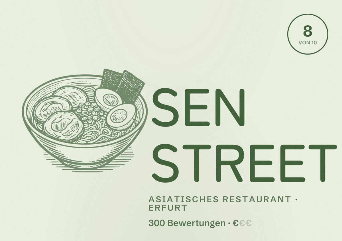 Illustriertes Poster von SEN STREET, Asiatisches Restaurant in Erfurt: Bewertung 8,0 von 10 aus 300 Bewertungen, Preisniveau €