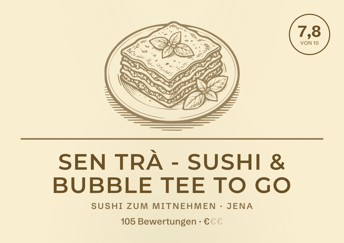 Illustriertes Poster von SEN TRÀ - Sushi & Bubble Tee to Go, Sushi zum Mitnehmen in Jena: Bewertung 7,8 von 10 aus 105 Bewertungen, Preisniveau €