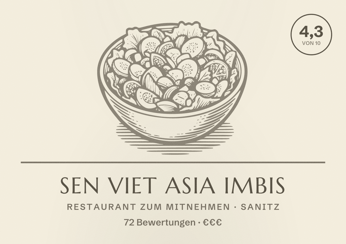 Illustriertes Poster von Sen Viet Asia Imbis, Restaurant zum Mitnehmen in Sanitz: Bewertung 4,3 von 10 aus 72 Bewertungen, Preisniveau €€€