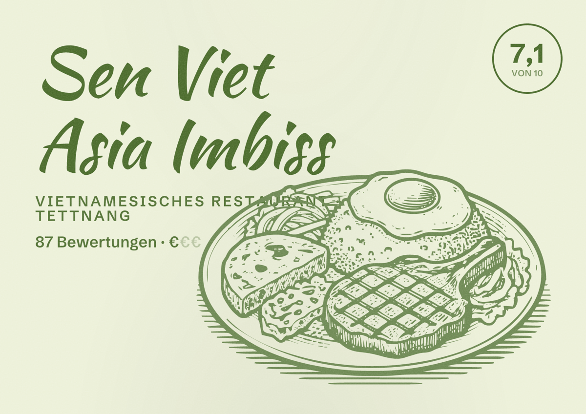 Illustriertes Poster von Sen Viet Asia Imbiss, Vietnamesisches Restaurant in Tettnang: Bewertung 7,1 von 10 aus 87 Bewertungen, Preisniveau €
