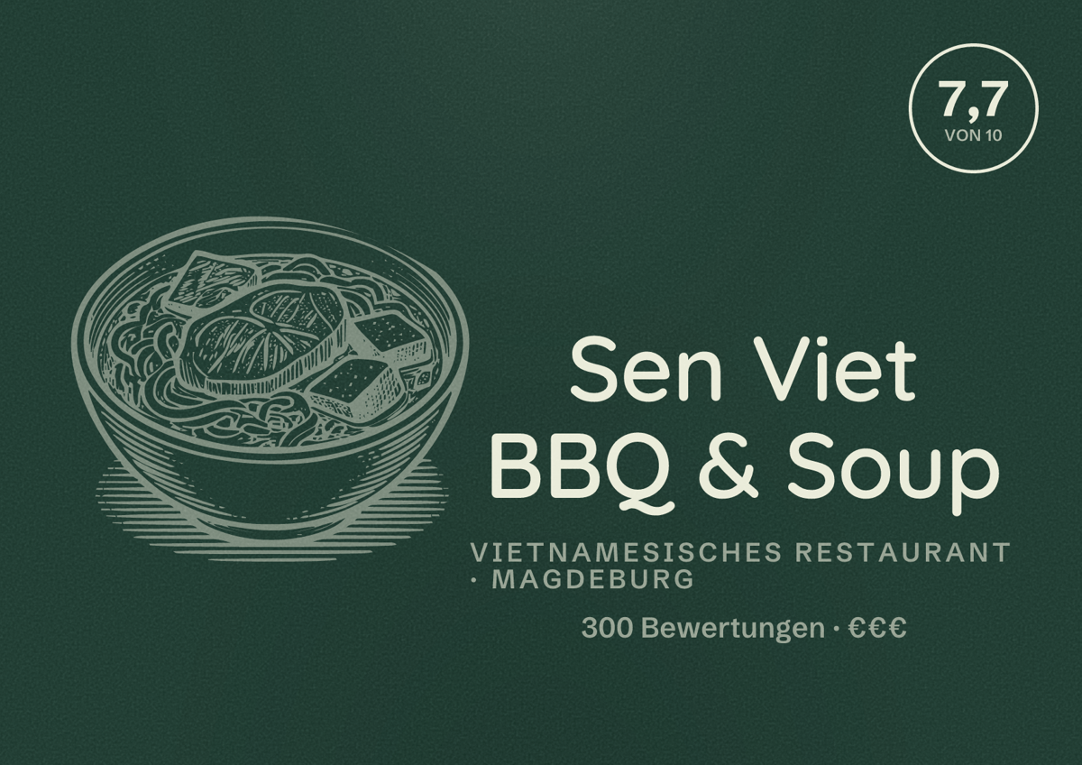 Illustriertes Poster von Sen Viet BBQ & Soup, Vietnamesisches Restaurant in Magdeburg: Bewertung 7,7 von 10 aus 300 Bewertungen, Preisniveau €€€