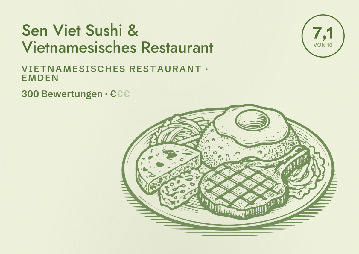 Illustriertes Poster von Sen Viet Sushi & Vietnamesisches Restaurant, Vietnamesisches Restaurant in Emden: Bewertung 7,1 von 10 aus 300 Bewertungen, Preisniveau €