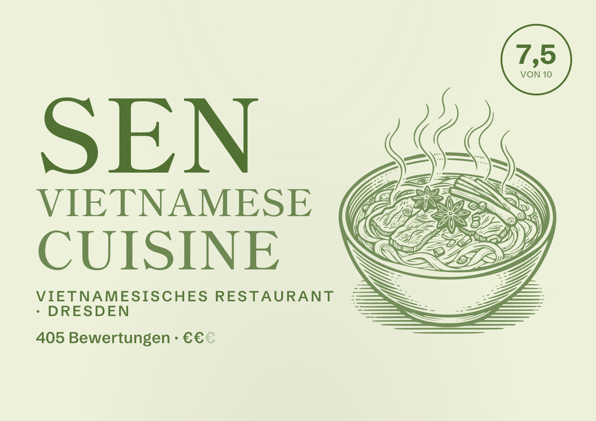 Illustriertes Poster von SEN Vietnamese Cuisine, Vietnamesisches Restaurant in Dresden: Bewertung 7,5 von 10 aus 405 Bewertungen, Preisniveau €€