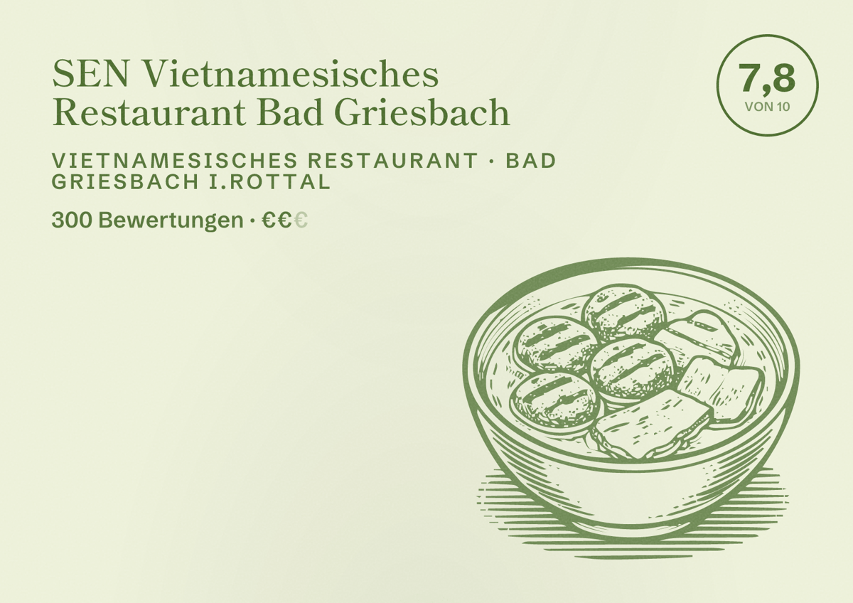 Illustriertes Poster von SEN Vietnamesisches Restaurant Bad Griesbach, Vietnamesisches Restaurant in Bad Griesbach i.Rottal: Bewertung 7,8 von 10 aus 300 Bewertungen, Preisniveau €€