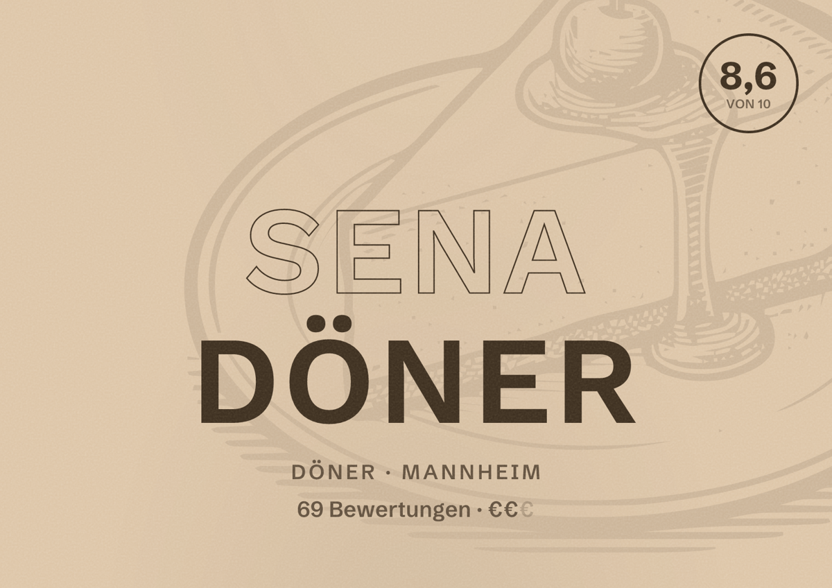 Illustriertes Poster von Sena Döner, Döner in Mannheim: Bewertung 8,6 von 10 aus 69 Bewertungen, Preisniveau €€