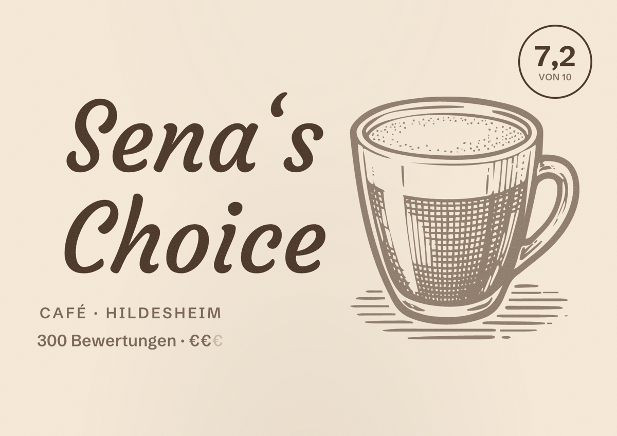 Illustriertes Poster von Sena‘s Choice, Café in Hildesheim: Bewertung 7,2 von 10 aus 300 Bewertungen, Preisniveau €€