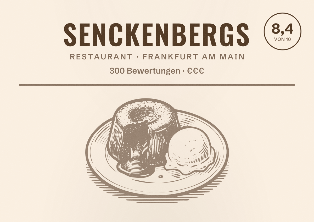 Illustriertes Poster von SENCKENBERGS, Restaurant in Frankfurt am Main: Bewertung 8,4 von 10 aus 300 Bewertungen, Preisniveau €€€