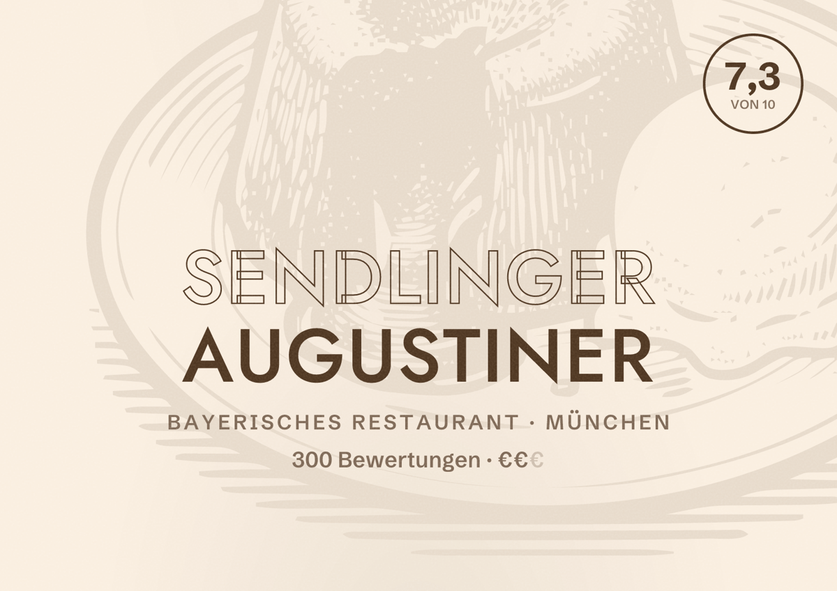 Illustriertes Poster von Sendlinger Augustiner, Bayerisches Restaurant in München: Bewertung 7,3 von 10 aus 300 Bewertungen, Preisniveau €€