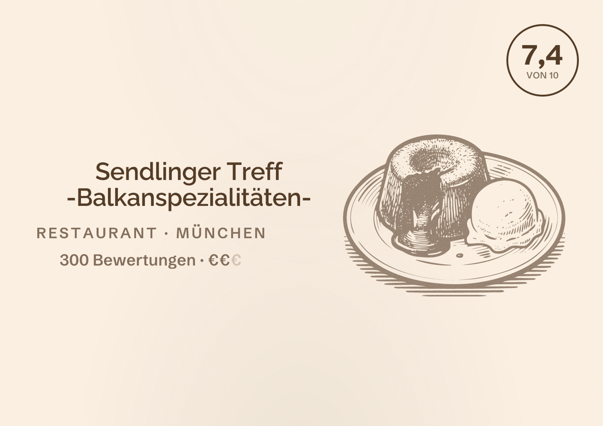 Illustriertes Poster von Sendlinger Treff -Balkanspezialitäten-, Restaurant in München: Bewertung 7,4 von 10 aus 300 Bewertungen, Preisniveau €€