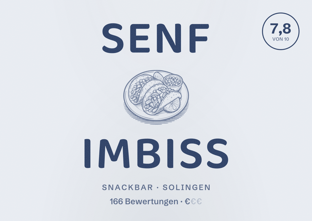 Illustriertes Poster von Senf Imbiss, Snackbar in Solingen: Bewertung 7,8 von 10 aus 166 Bewertungen, Preisniveau €