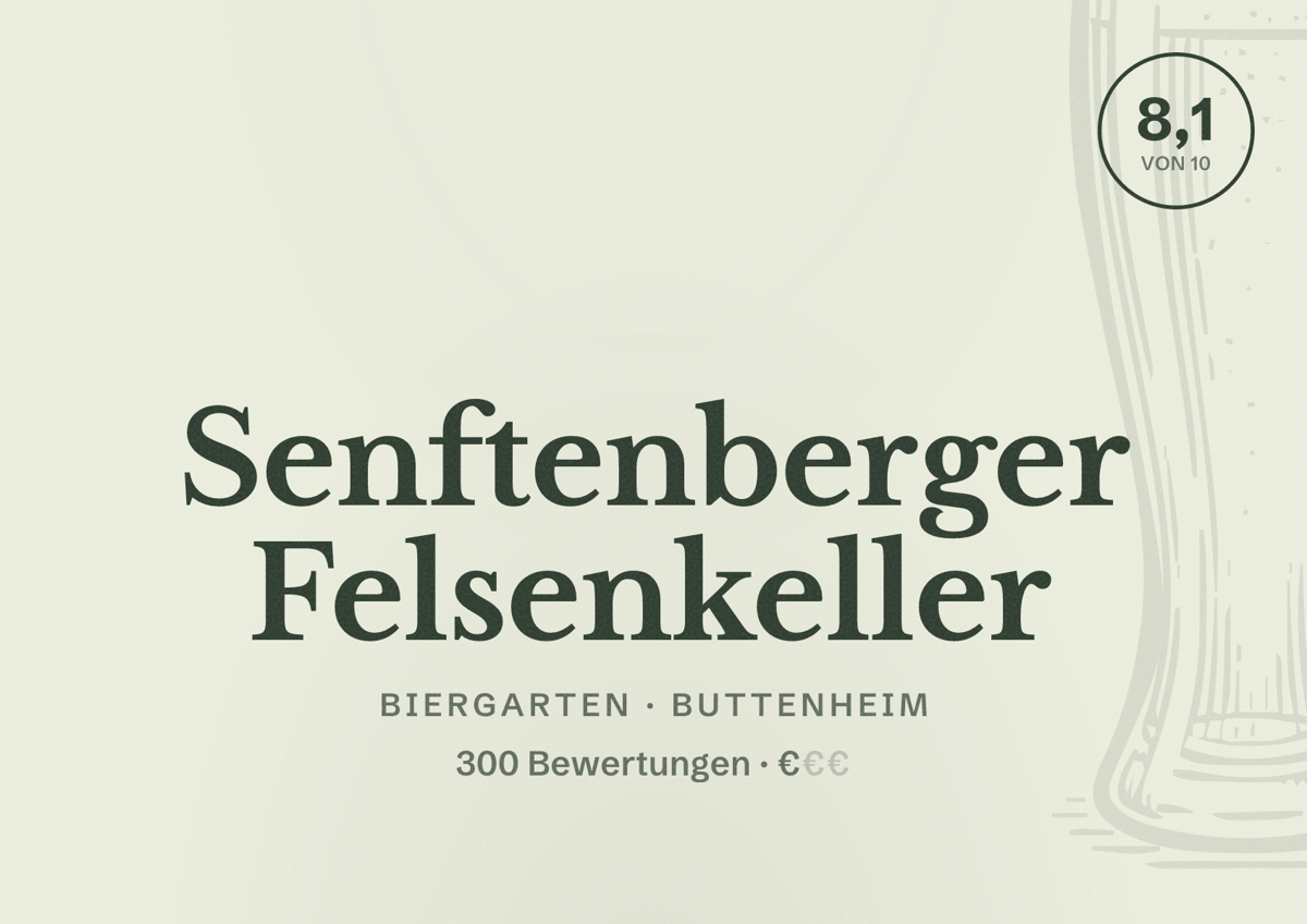 Illustriertes Poster von Senftenberger Felsenkeller, Biergarten in Buttenheim: Bewertung 8,1 von 10 aus 300 Bewertungen, Preisniveau €