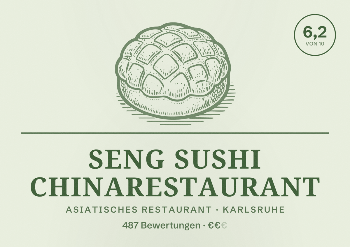 Illustriertes Poster von Seng Sushi Chinarestaurant, Asiatisches Restaurant in Karlsruhe: Bewertung 6,2 von 10 aus 487 Bewertungen, Preisniveau €€