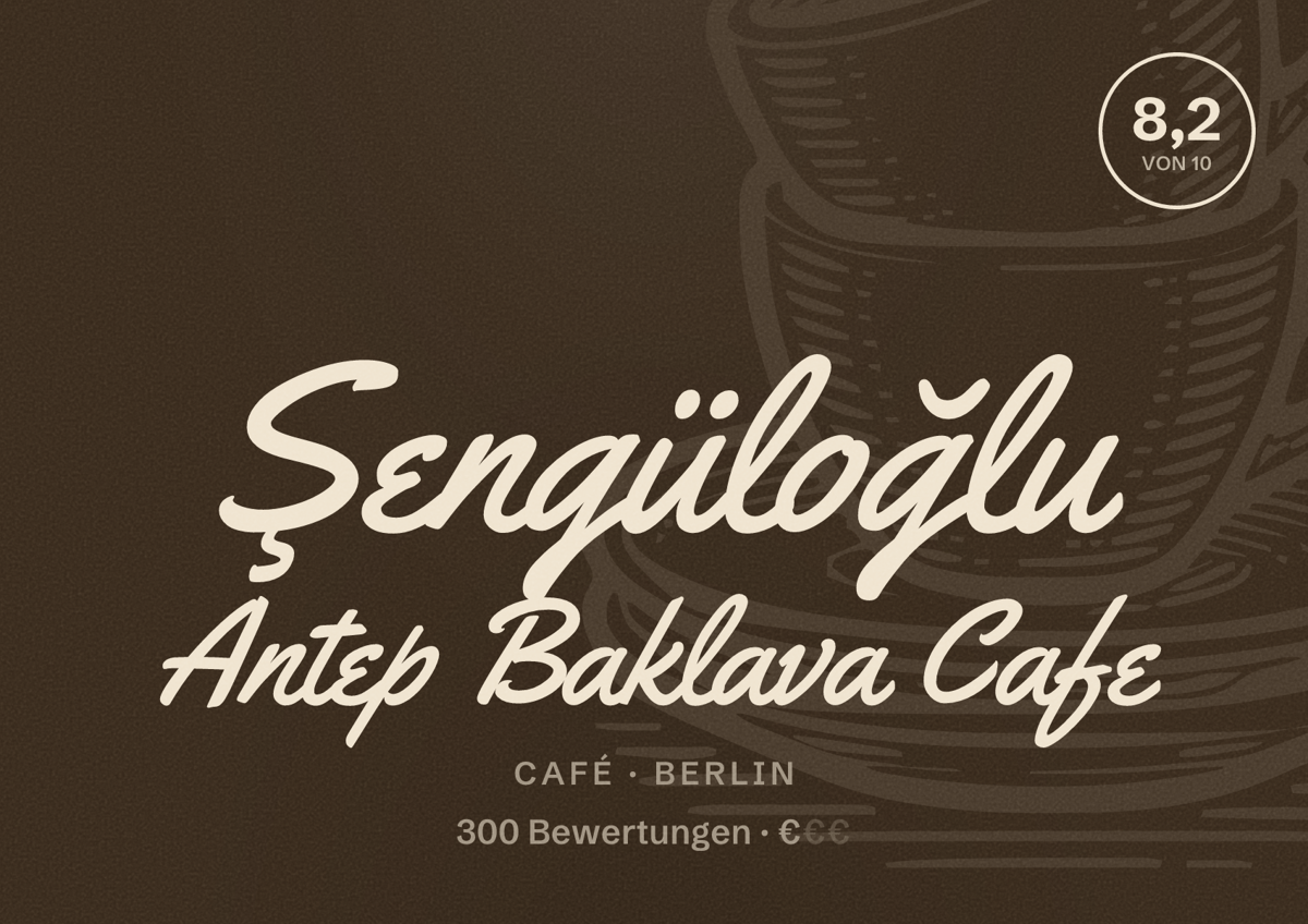 Illustriertes Poster von Şengüloğlu Antep Baklava Cafe, Café in Berlin: Bewertung 8,2 von 10 aus 300 Bewertungen, Preisniveau €