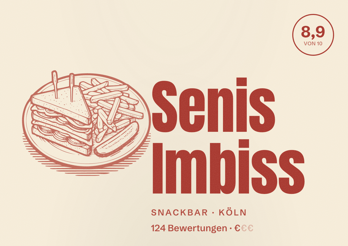 Illustriertes Poster von Senis Imbiss, Snackbar in Köln: Bewertung 8,9 von 10 aus 124 Bewertungen, Preisniveau €