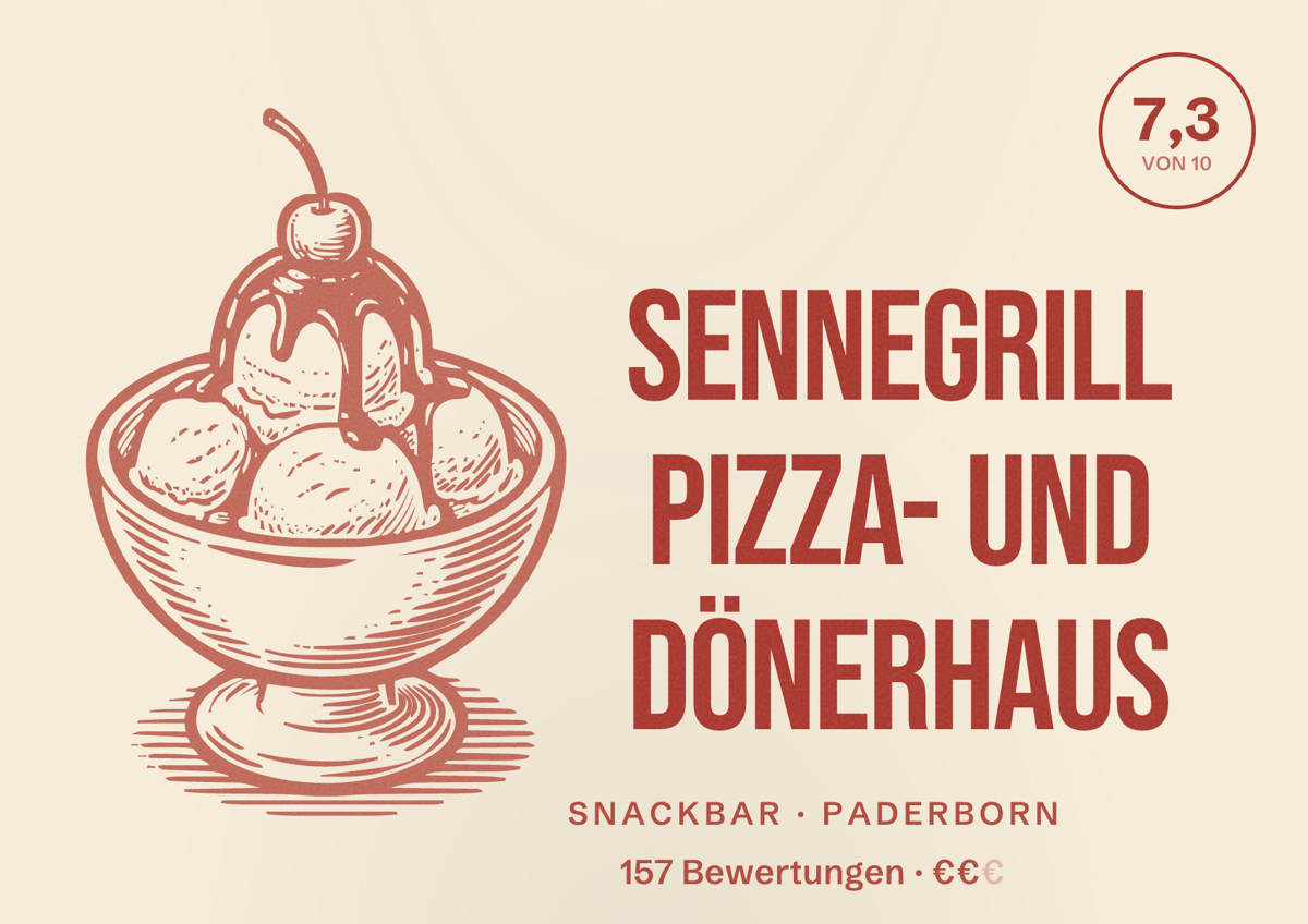 Illustriertes Poster von SenneGrill Pizza- und Dönerhaus, Snackbar in Paderborn: Gästebewertung 7,3 von 10 aus 157 Bewertungen