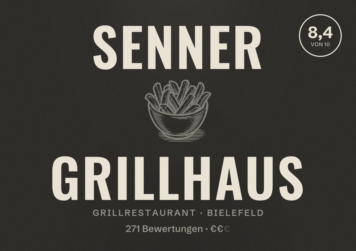 Illustriertes Poster von Senner Grillhaus, Grillrestaurant in Bielefeld: Bewertung 8,4 von 10 aus 271 Bewertungen, Preisniveau €€