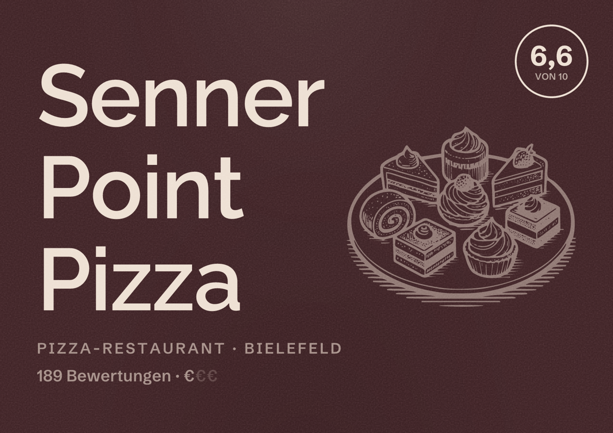 Illustriertes Poster von Senner Point Pizza, Pizza-Restaurant in Bielefeld: Bewertung 6,6 von 10 aus 189 Bewertungen, Preisniveau €
