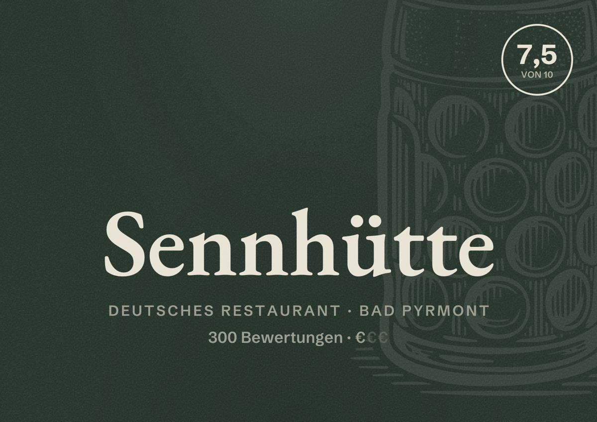 Illustriertes Poster von Sennhütte, Deutsches Restaurant in Bad Pyrmont: Bewertung 7,5 von 10 aus 300 Bewertungen, Preisniveau €