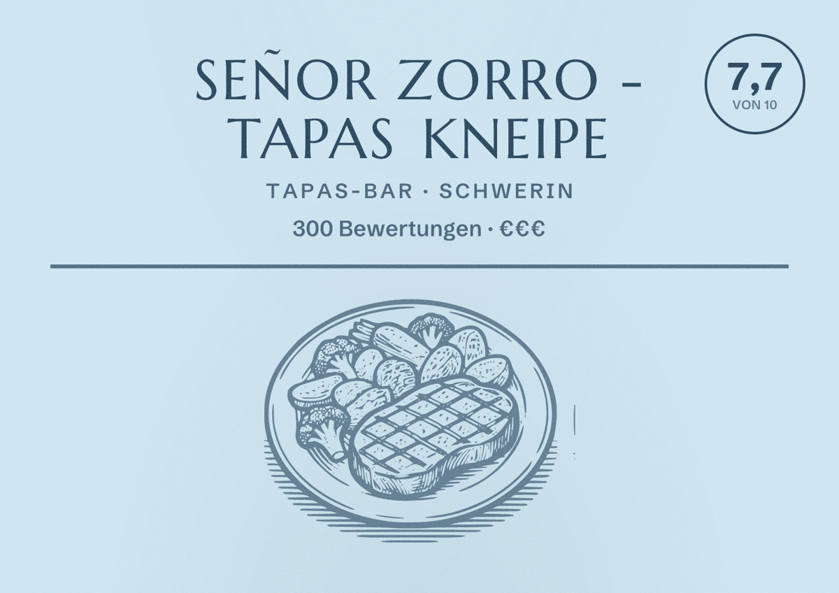 Illustriertes Poster von Señor Zorro - Tapas Kneipe, Tapas-Bar in Schwerin: Bewertung 7,7 von 10 aus 300 Bewertungen, Preisniveau €€€