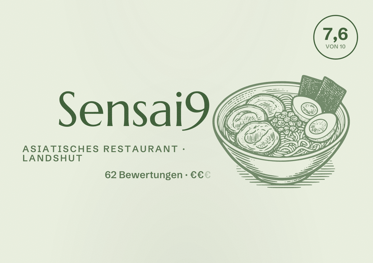 Illustriertes Poster von Sensai9, Asiatisches Restaurant in Landshut: Bewertung 7,6 von 10 aus 62 Bewertungen, Preisniveau €€