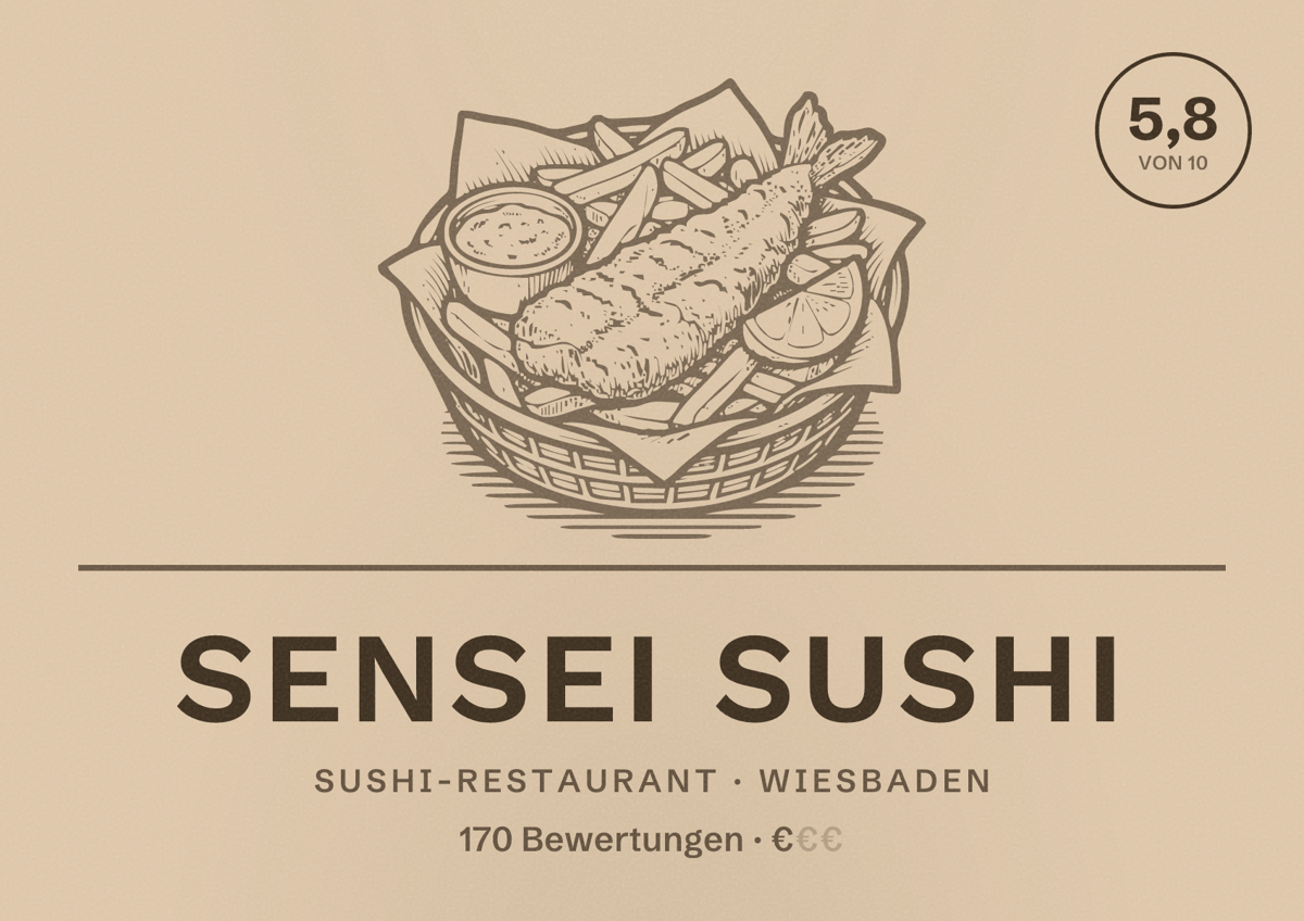 Illustriertes Poster von Sensei Sushi, Sushi-Restaurant in Wiesbaden: Bewertung 5,8 von 10 aus 170 Bewertungen, Preisniveau €