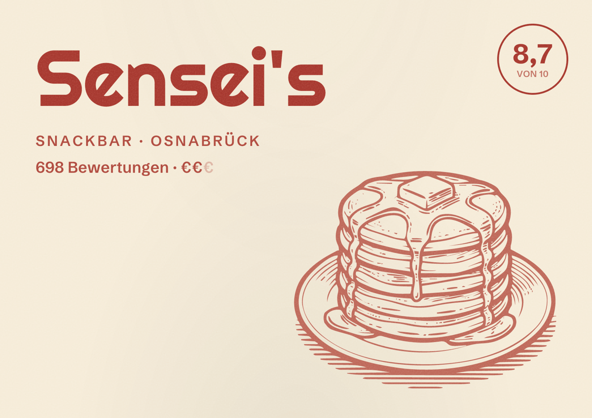 Illustriertes Poster von Sensei's, Snackbar in Osnabrück: Bewertung 8,7 von 10 aus 698 Bewertungen, Preisniveau €€