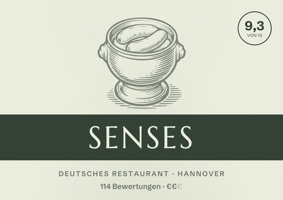 Illustriertes Poster von Senses, Deutsches Restaurant in Hannover: Bewertung 9,3 von 10 aus 114 Bewertungen, Preisniveau €€