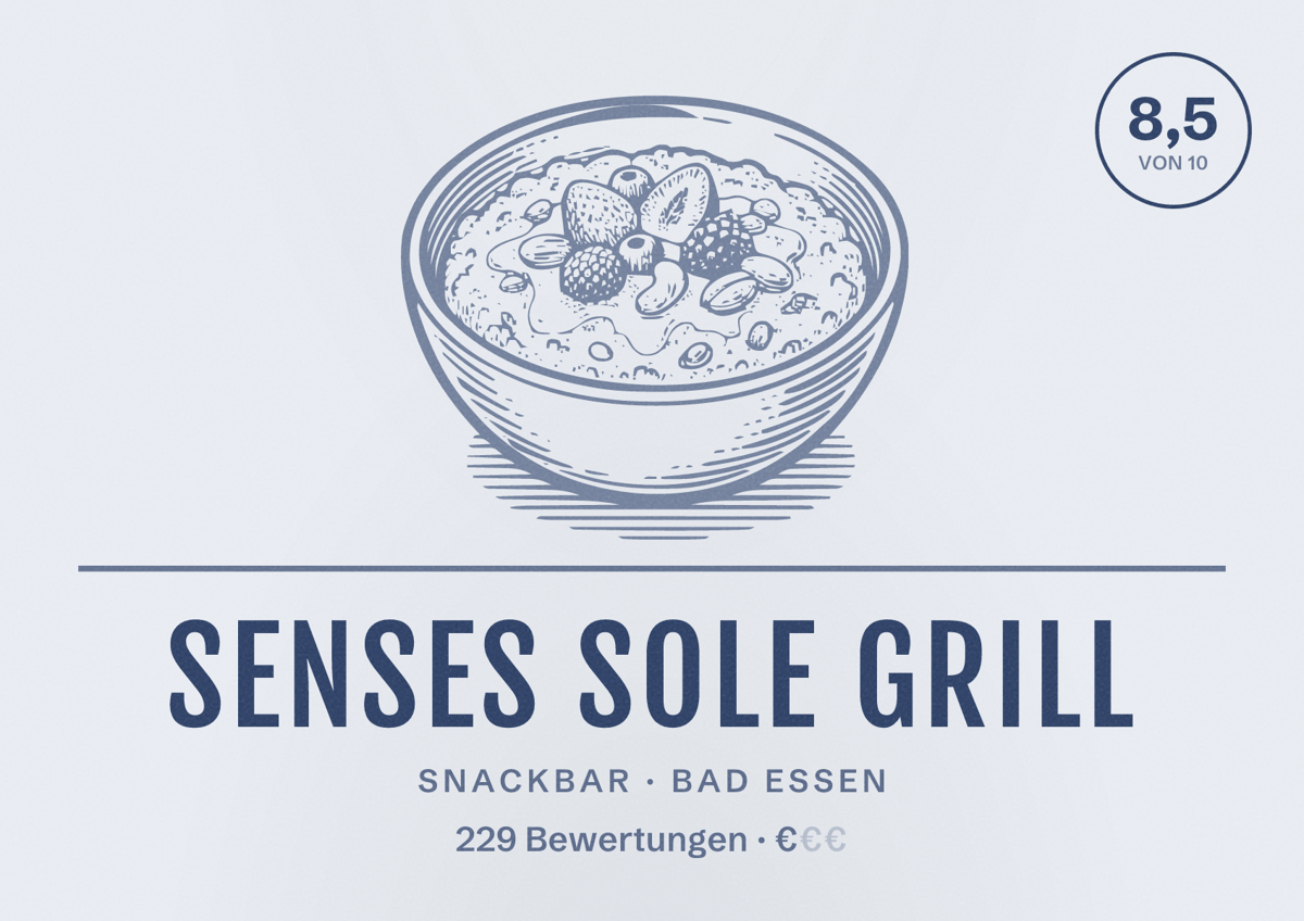 Illustriertes Poster von Senses Sole Grill, Snackbar in Bad Essen: Bewertung 8,5 von 10 aus 229 Bewertungen, Preisniveau €