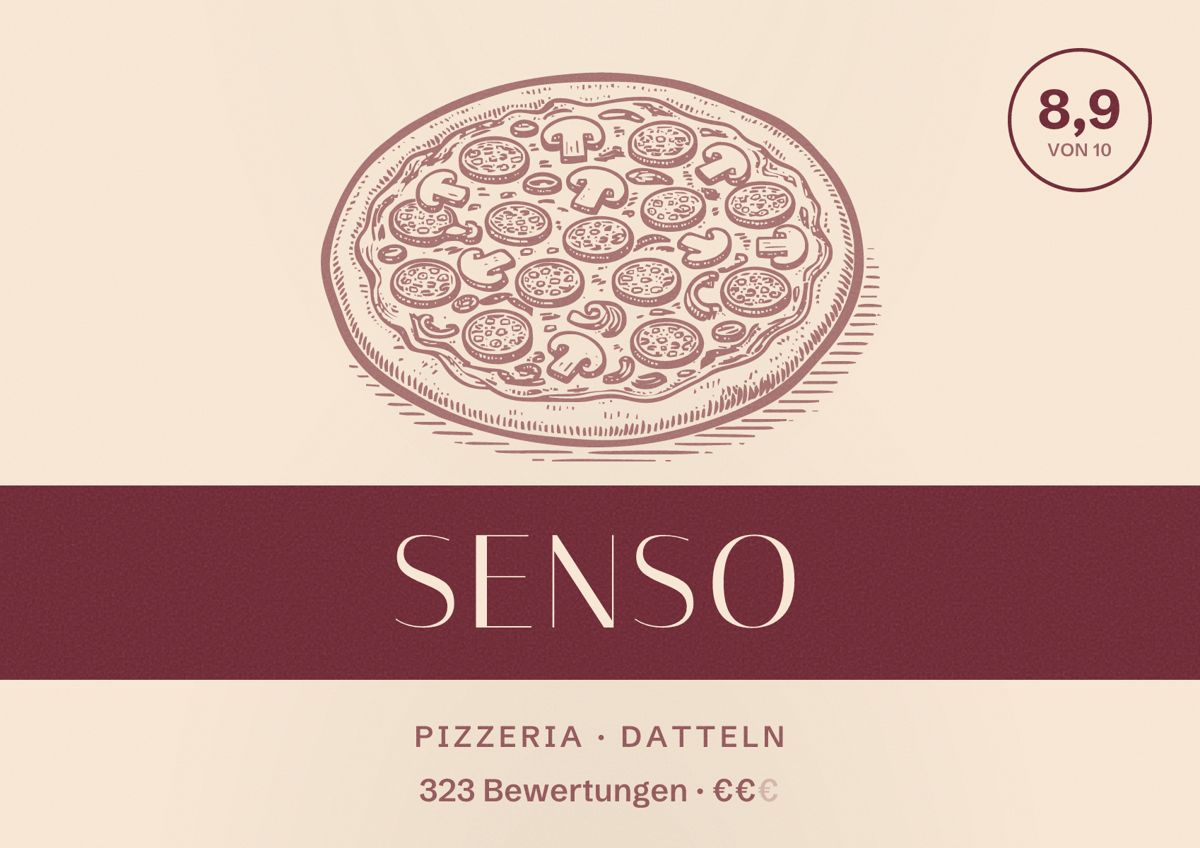 Illustriertes Poster von Senso, Pizzeria in Datteln: Bewertung 8,9 von 10 aus 323 Bewertungen, Preisniveau €€