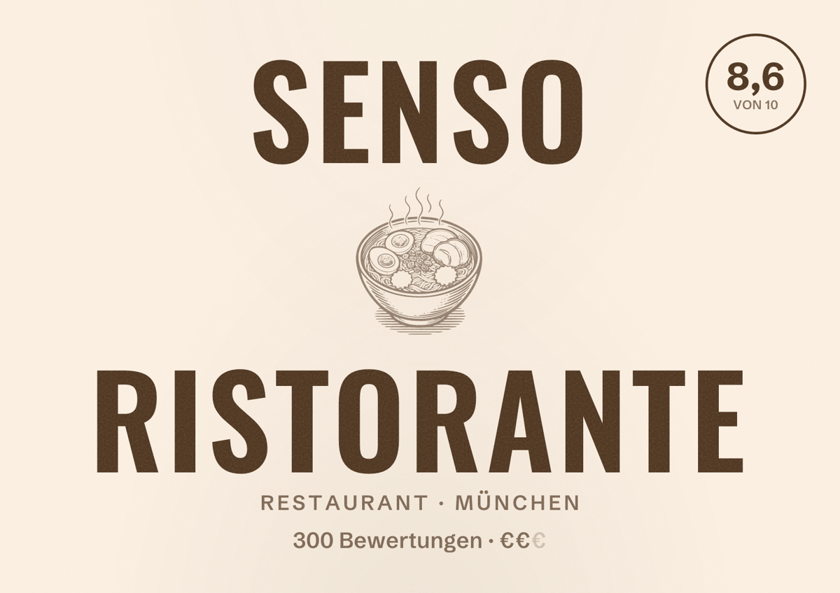 Illustriertes Poster von Senso Ristorante, Restaurant in München: Bewertung 8,6 von 10 aus 300 Bewertungen, Preisniveau €€