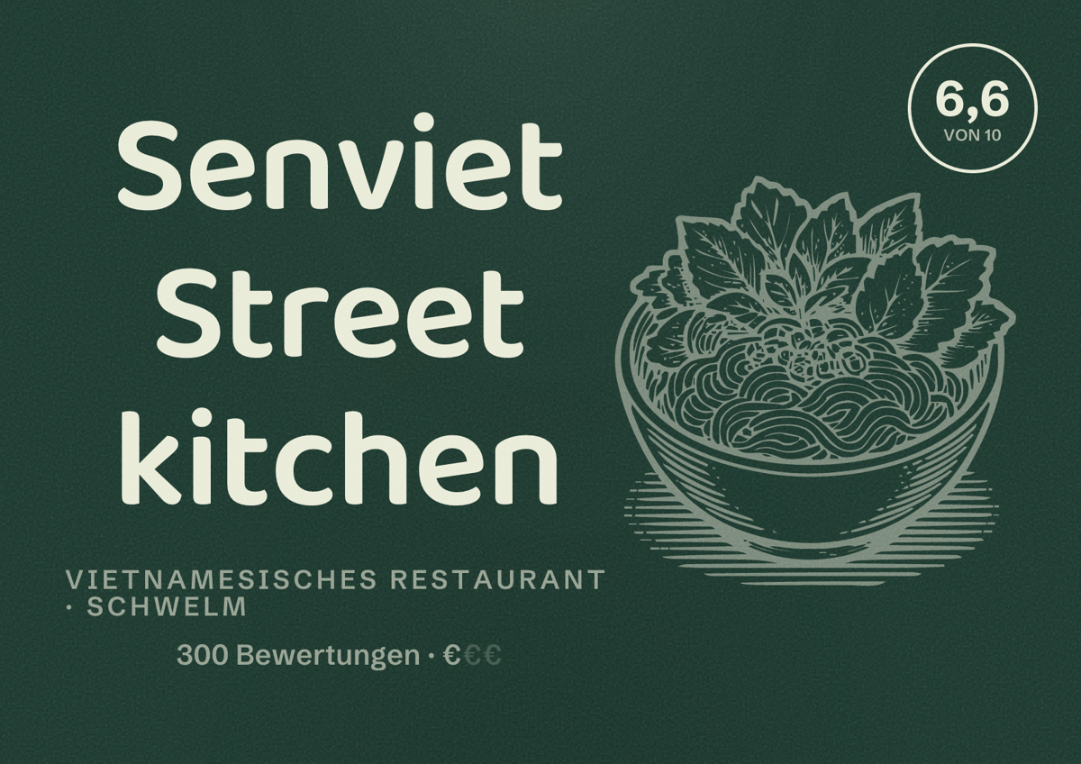 Illustriertes Poster von Senviet Street kitchen, Vietnamesisches Restaurant in Schwelm: Bewertung 6,6 von 10 aus 300 Bewertungen, Preisniveau €
