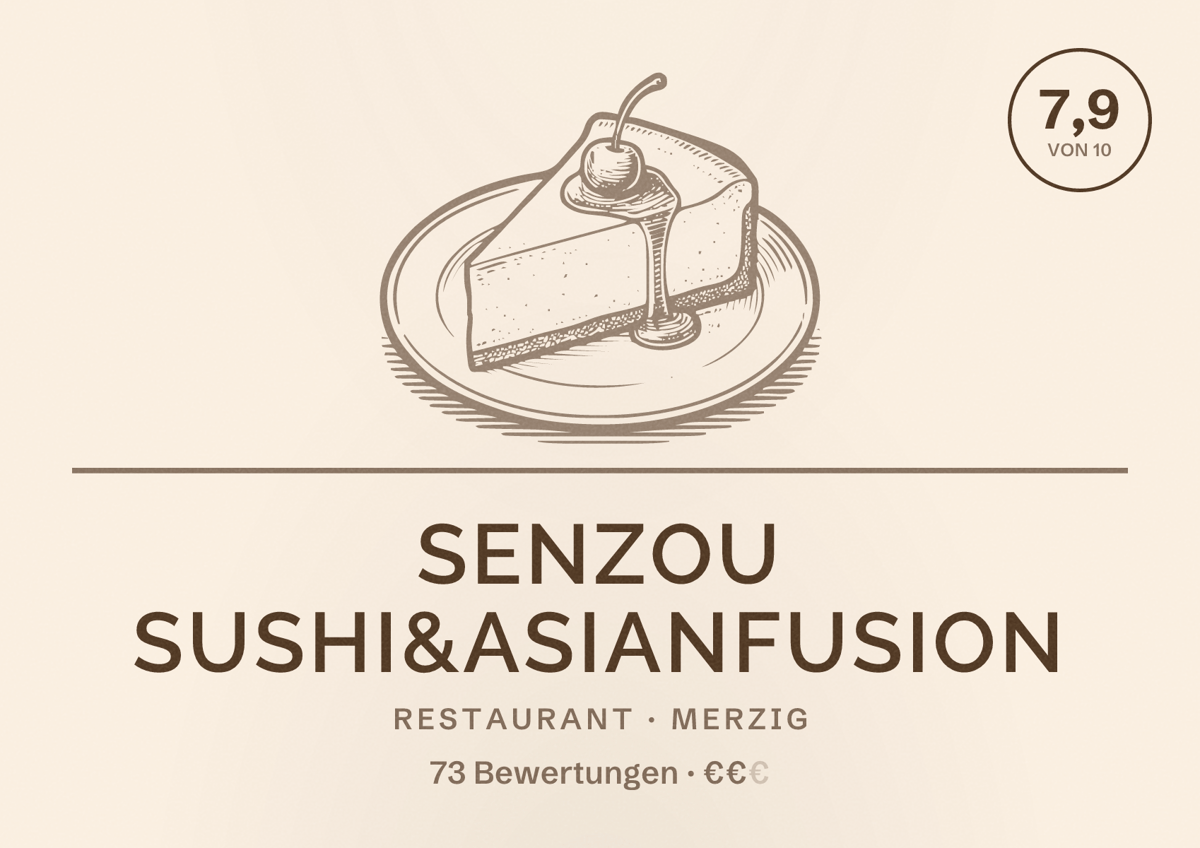 Illustriertes Poster von Senzou Sushi&AsianFusion, Restaurant in Merzig: Bewertung 7,9 von 10 aus 73 Bewertungen, Preisniveau €€